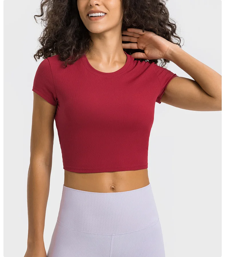LuluTop Women Gym Shirts Yoga Striped Rib T-shirt Short Sleeve Top Sport Fitness Sportswear Stretch Breathable Women's Blouse 1