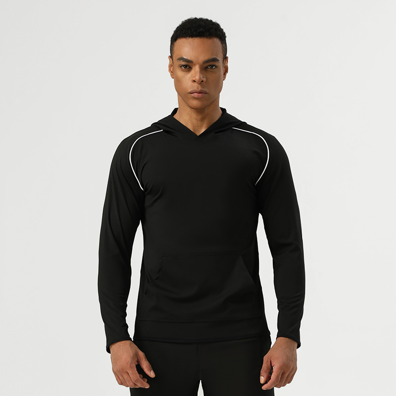 Nylon sports sweatshirt hoodie with pockets for men high elastic contrast color running training fitness clothes long sleeves - Image 2